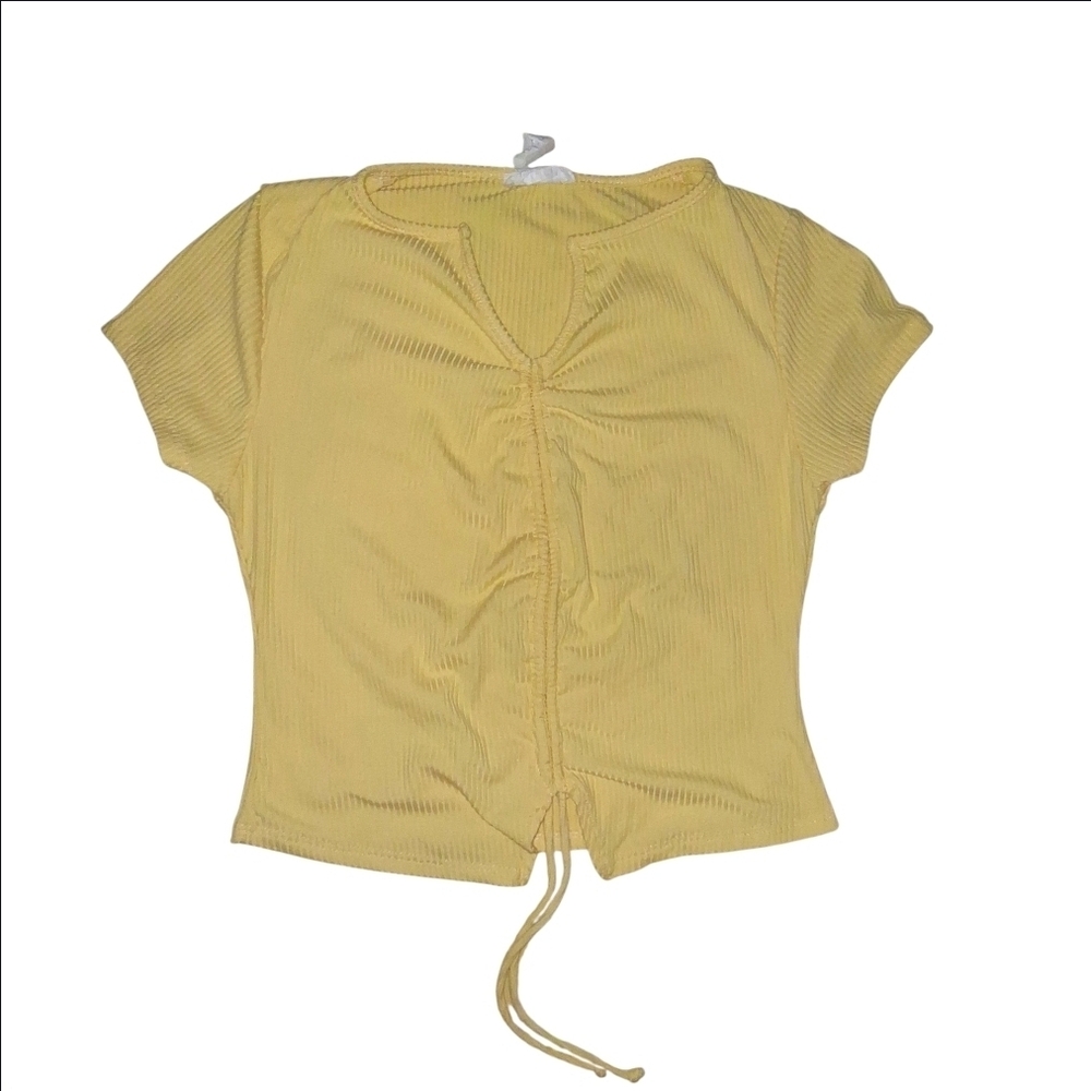 Ribbed Yellow Ruched Drawstring Crop Top